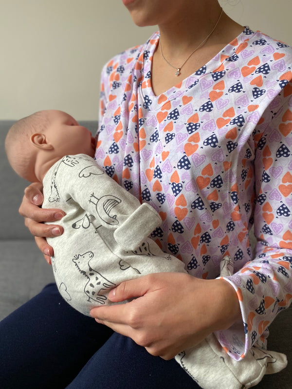 Pijama de maternidad y lactancia •corazones azul marino• ALGODÓN