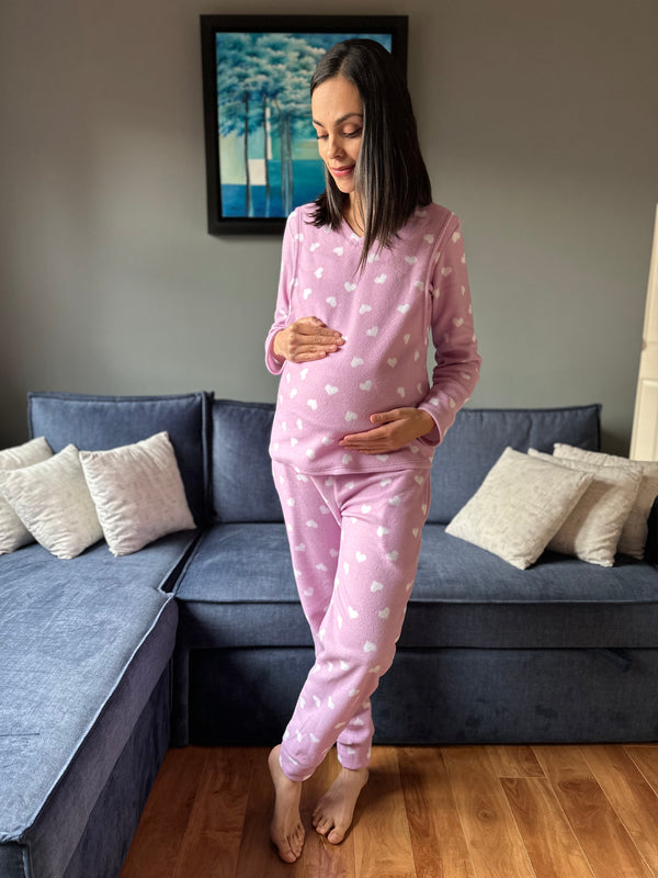 Pijama de maternidad y lactancia •Corazones lila• POLAR
