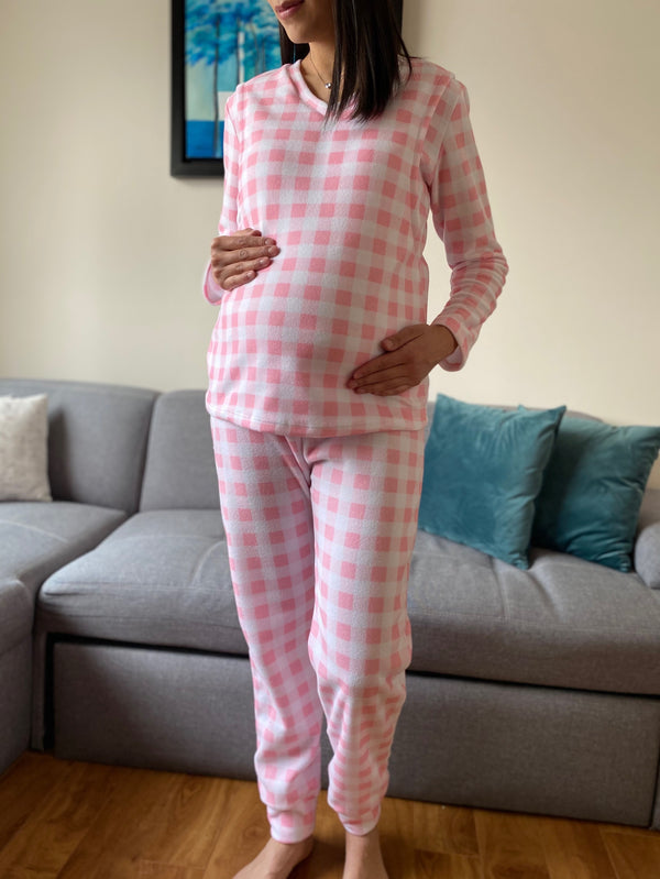 Pijama de maternidad y lactancia •cuadros rosa•POLAR